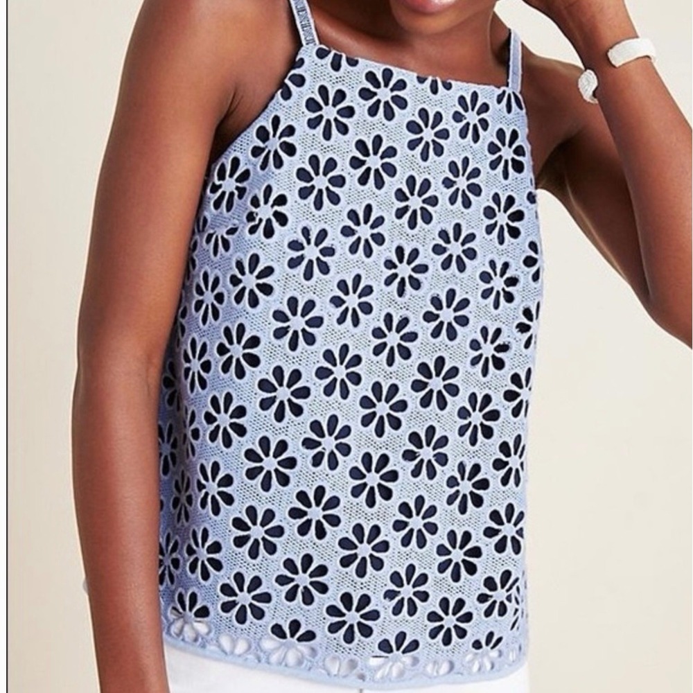Maeve Anthropologie Blue Floral Daisy Eyelet Lace Coquette Camisole Top Size 00P
